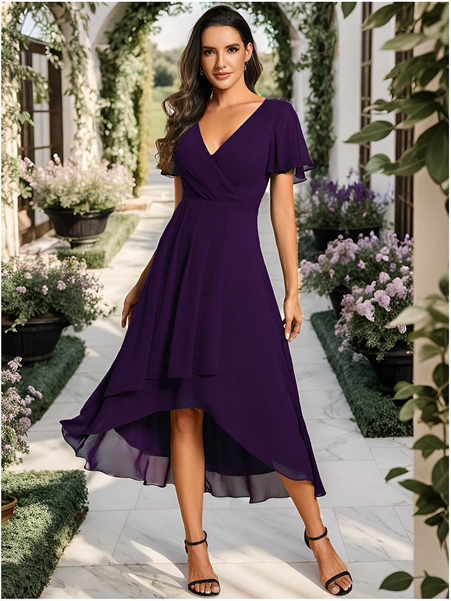Color=Dark Purple | V-Neck Midi Chiffon Wedding Guest Dresses with Ruffles Sleeve-Dark Purple 1