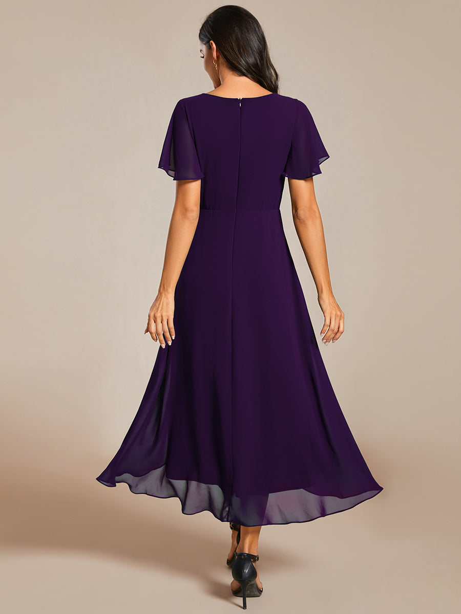 Color=Dark Purple | V-Neck Midi Chiffon Wedding Guest Dresses with Ruffles Sleeve-Dark Purple 5