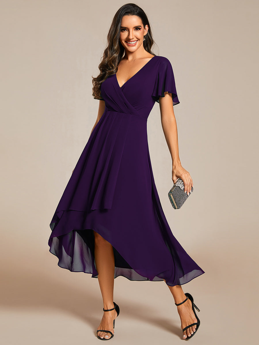 Color=Dark Purple | V-Neck Midi Chiffon Wedding Guest Dresses with Ruffles Sleeve-Dark Purple 4