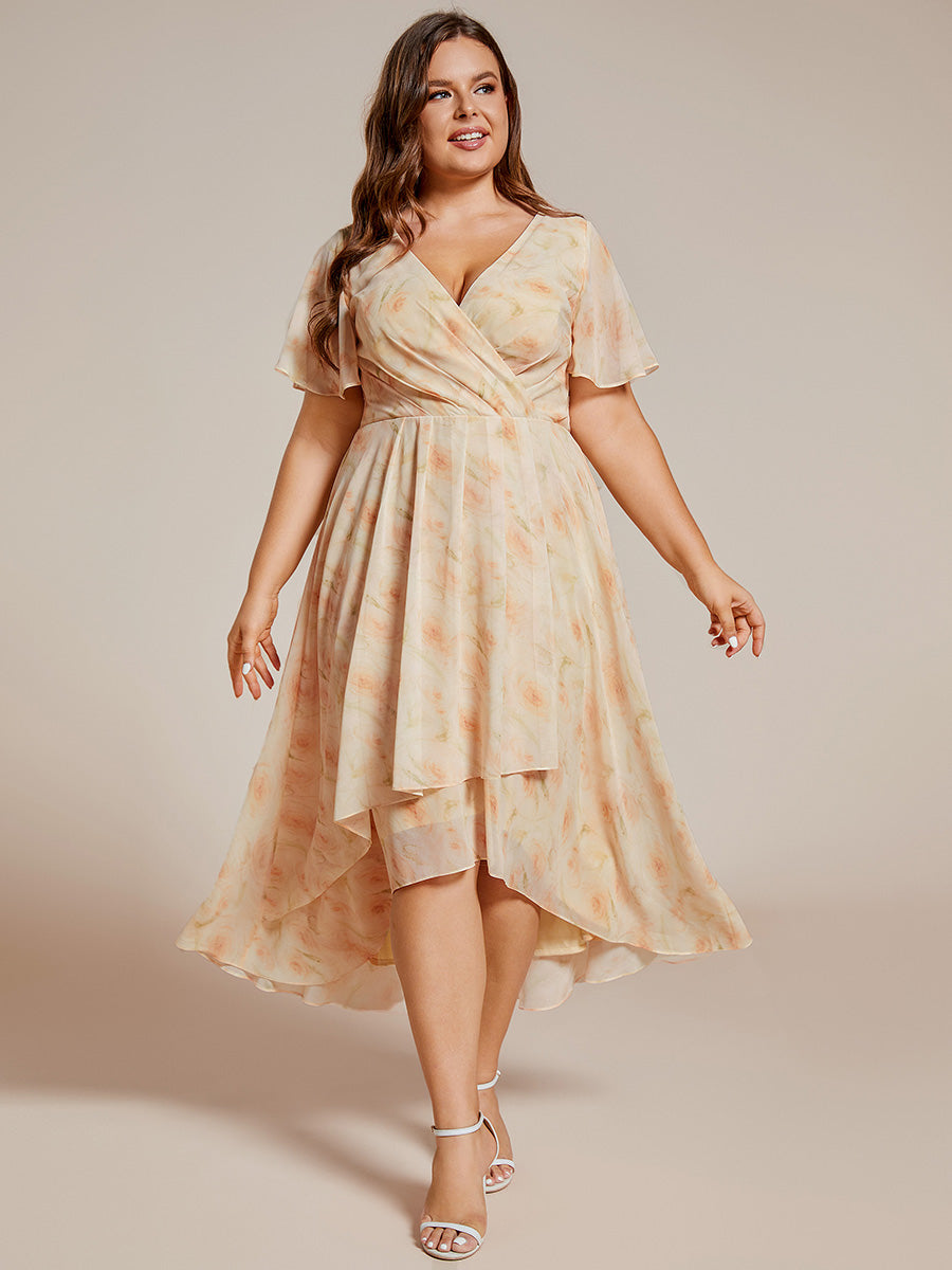 Color=Golden Rose | V-Neck Midi Chiffon Wedding Guest Dresses with Ruffles Sleeve-Golden Rose 1