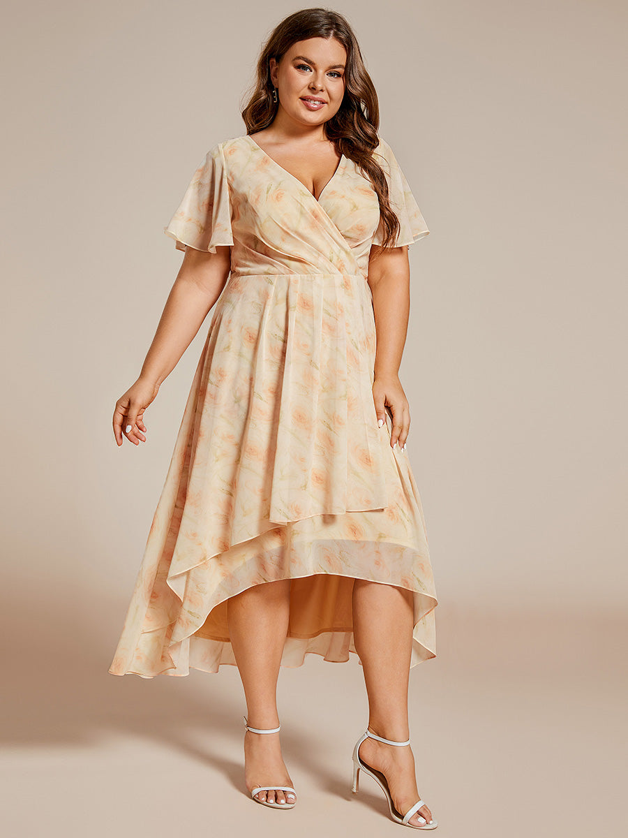 Color=Golden Rose | V-Neck Midi Chiffon Wedding Guest Dresses with Ruffles Sleeve-Golden Rose 1