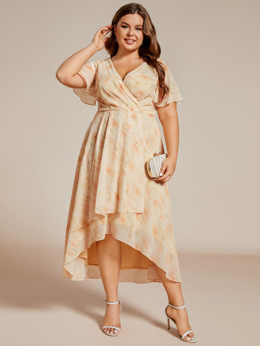 Color=Golden Rose | V-Neck Midi Chiffon Wedding Guest Dresses with Ruffles Sleeve-Golden Rose 1