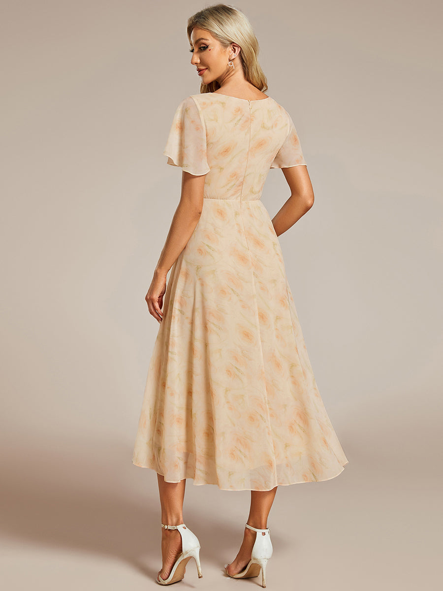 Color=Golden Rose | V-Neck Midi Chiffon Wedding Guest Dresses with Ruffles Sleeve-Golden Rose 4