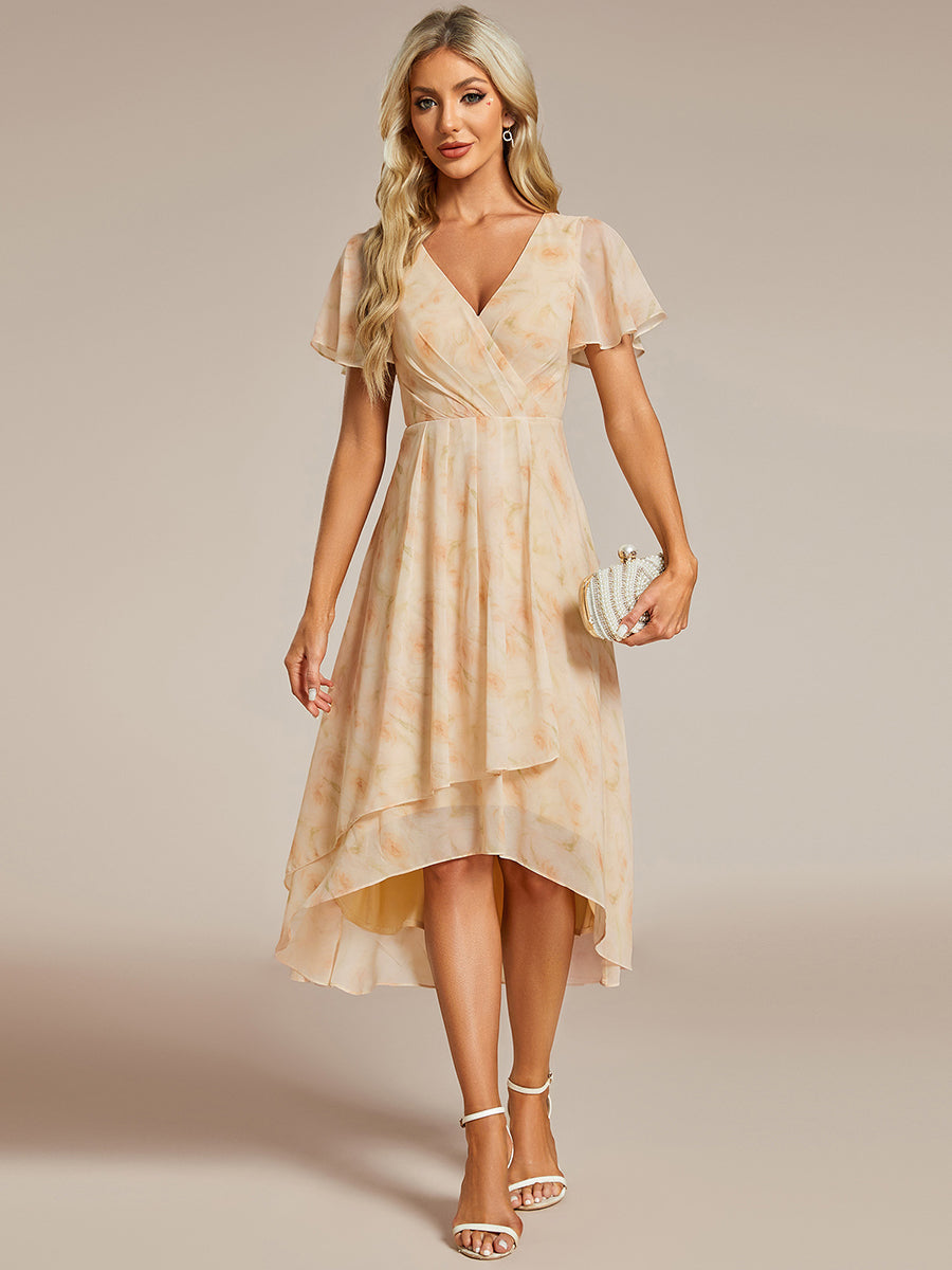 Color=Golden Rose | V-Neck Midi Chiffon Wedding Guest Dresses with Ruffles Sleeve-Golden Rose 3