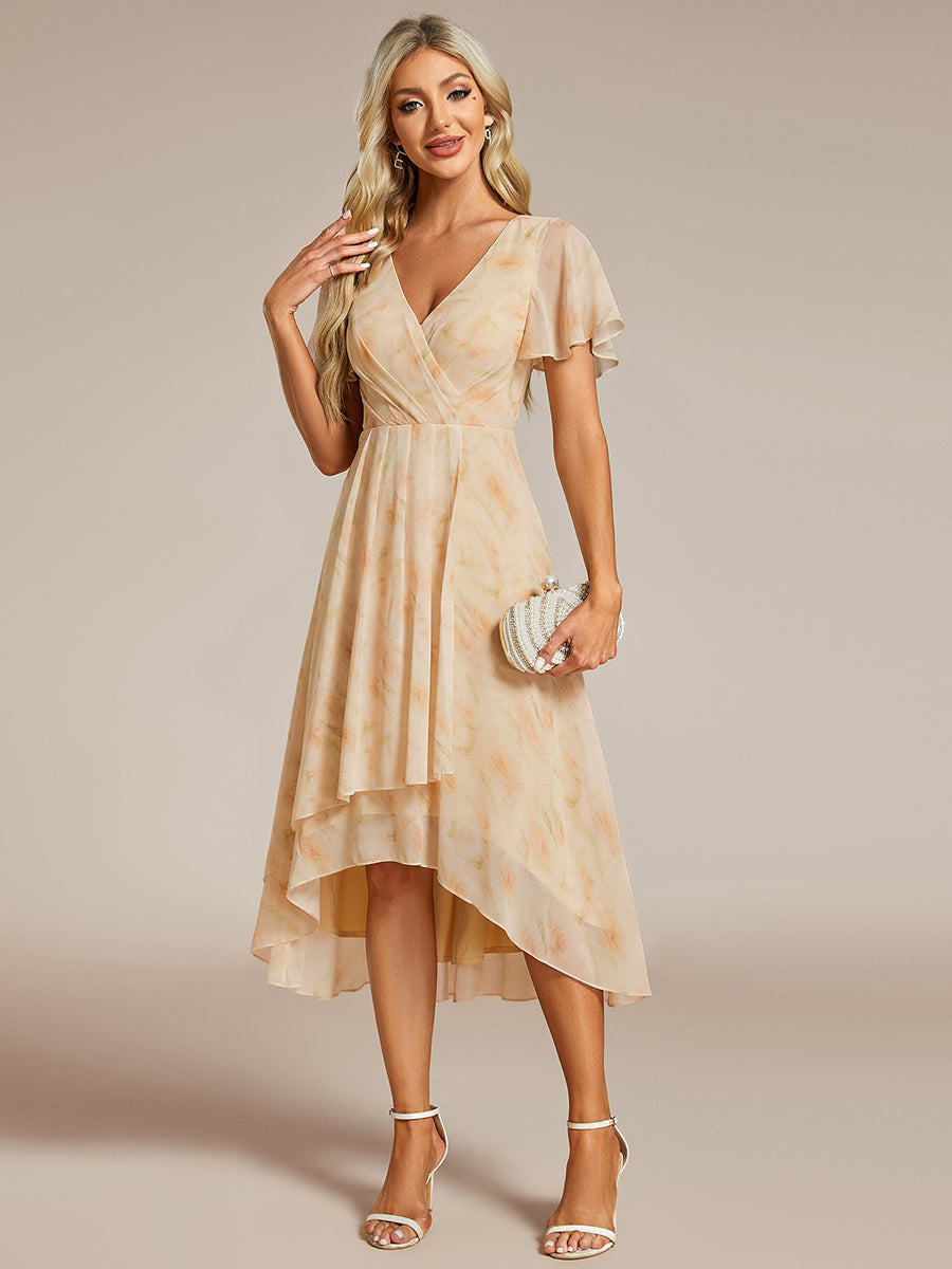Color=Golden Rose | V-Neck Midi Chiffon Wedding Guest Dresses with Ruffles Sleeve-Golden Rose 1