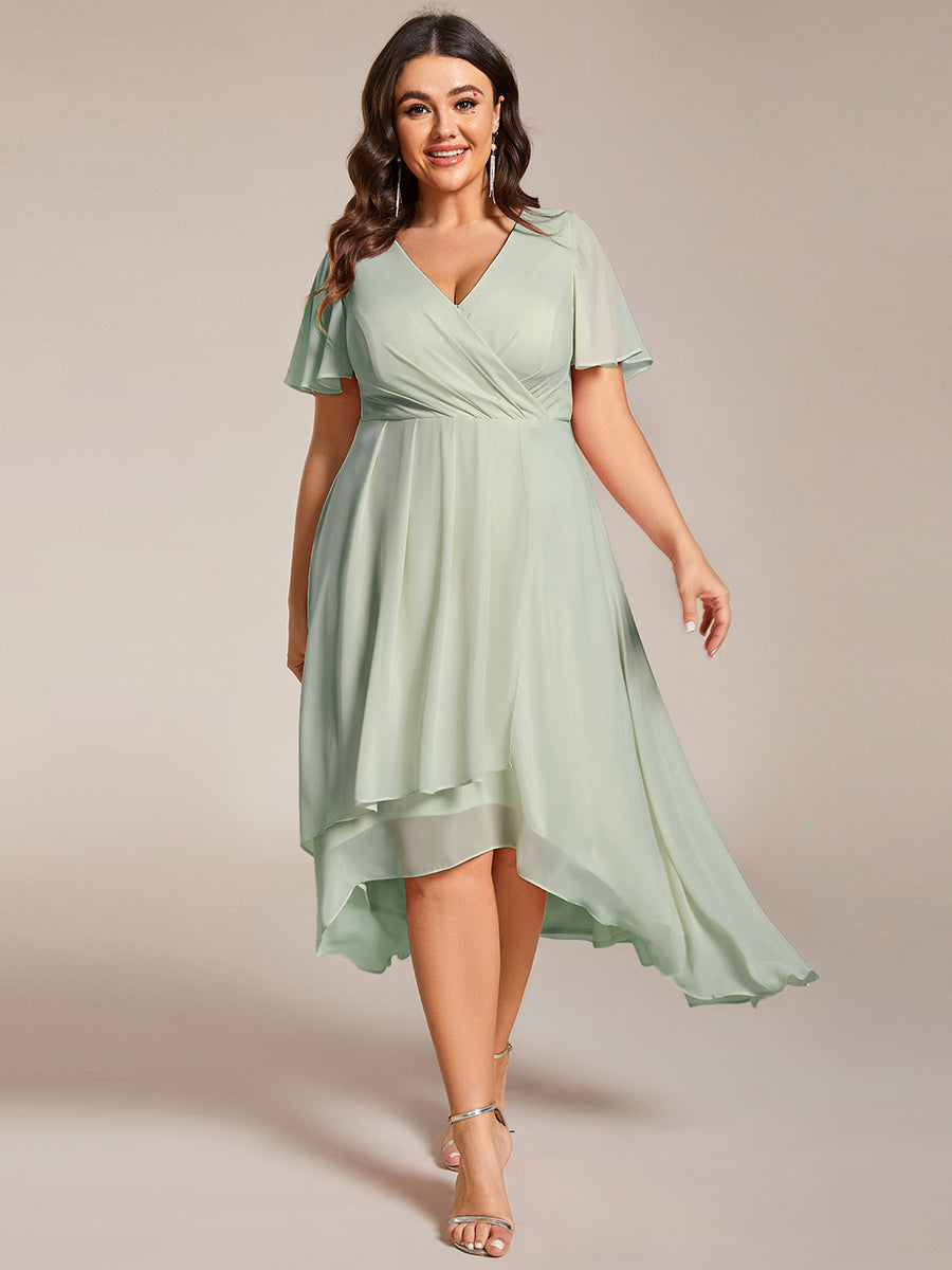 Color=Mint Green | V-Neck Midi Chiffon Wedding Guest Dresses with Ruffles Sleeve-Mint Green 1