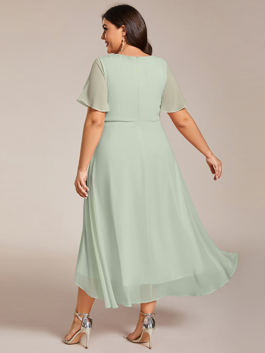 Color=Mint Green | V-Neck Midi Chiffon Wedding Guest Dresses with Ruffles Sleeve-Mint Green 2