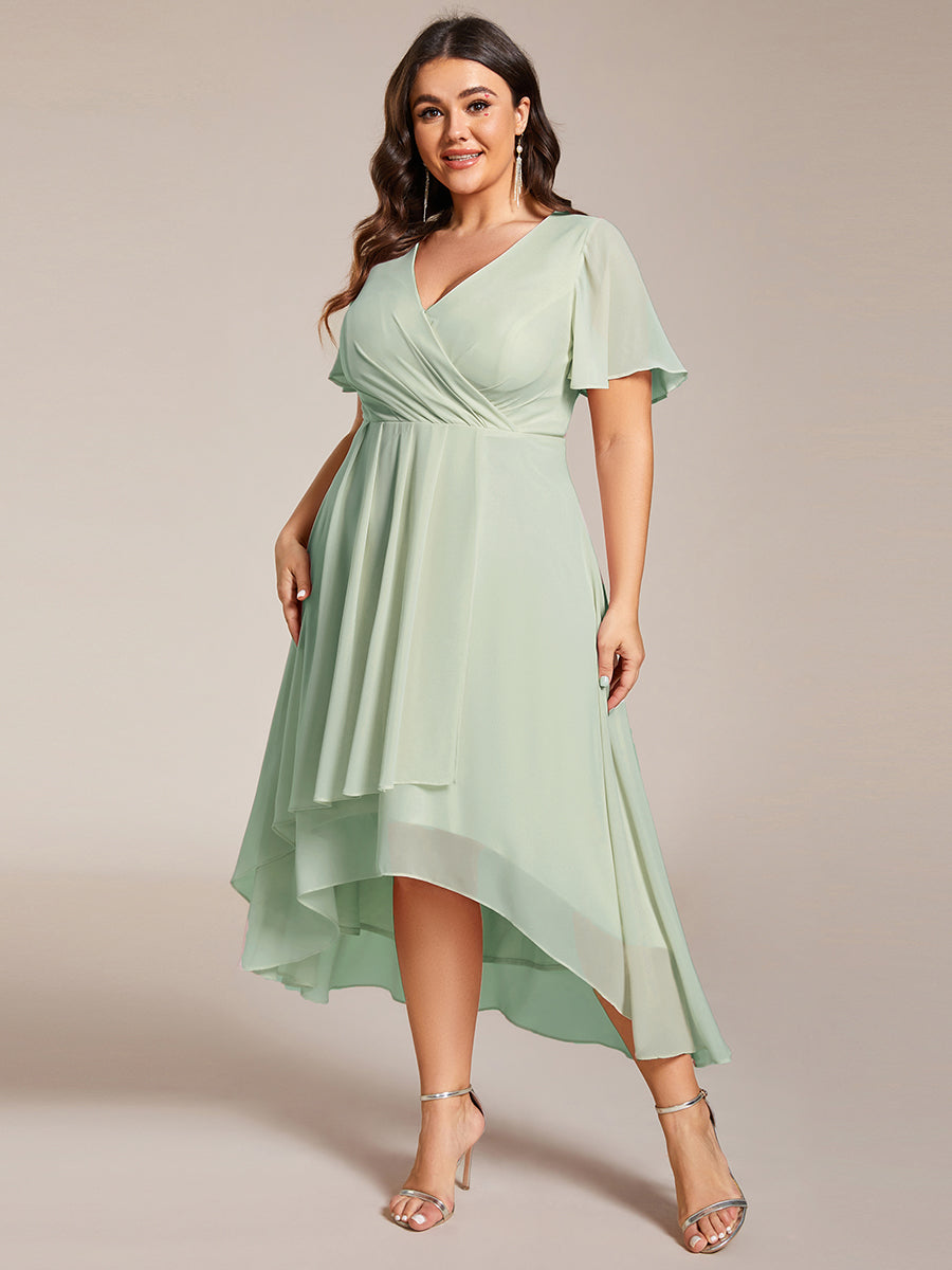 Color=Mint Green | V-Neck Midi Chiffon Wedding Guest Dresses with Ruffles Sleeve-Mint Green 4