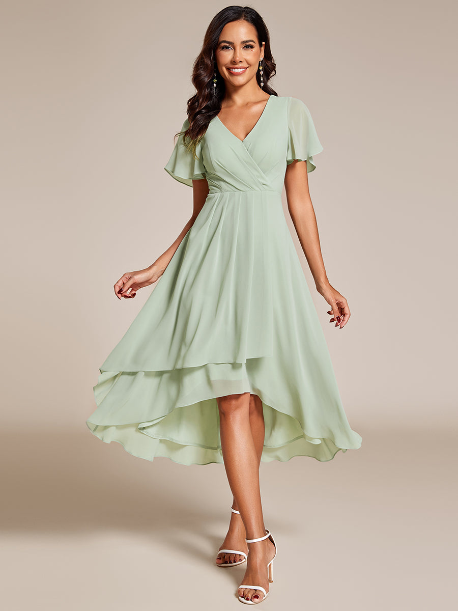 Color=Mint Green | V-Neck Midi Chiffon Wedding Guest Dresses with Ruffles Sleeve-Mint Green 1