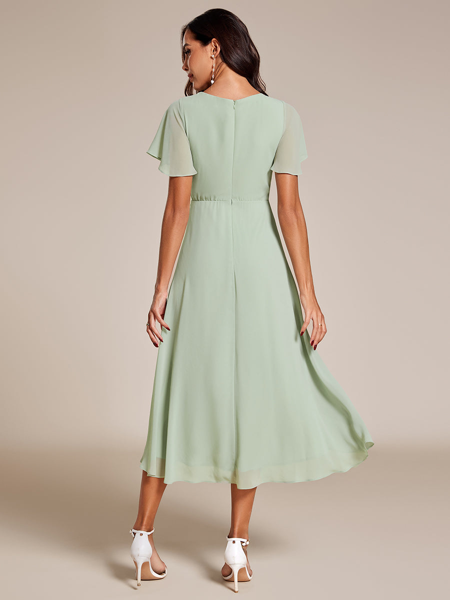 Color=Mint Green | V-Neck Midi Chiffon Wedding Guest Dresses with Ruffles Sleeve-Mint Green 2