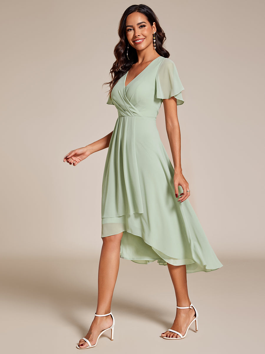 Color=Mint Green | V-Neck Midi Chiffon Wedding Guest Dresses with Ruffles Sleeve-Mint Green 3