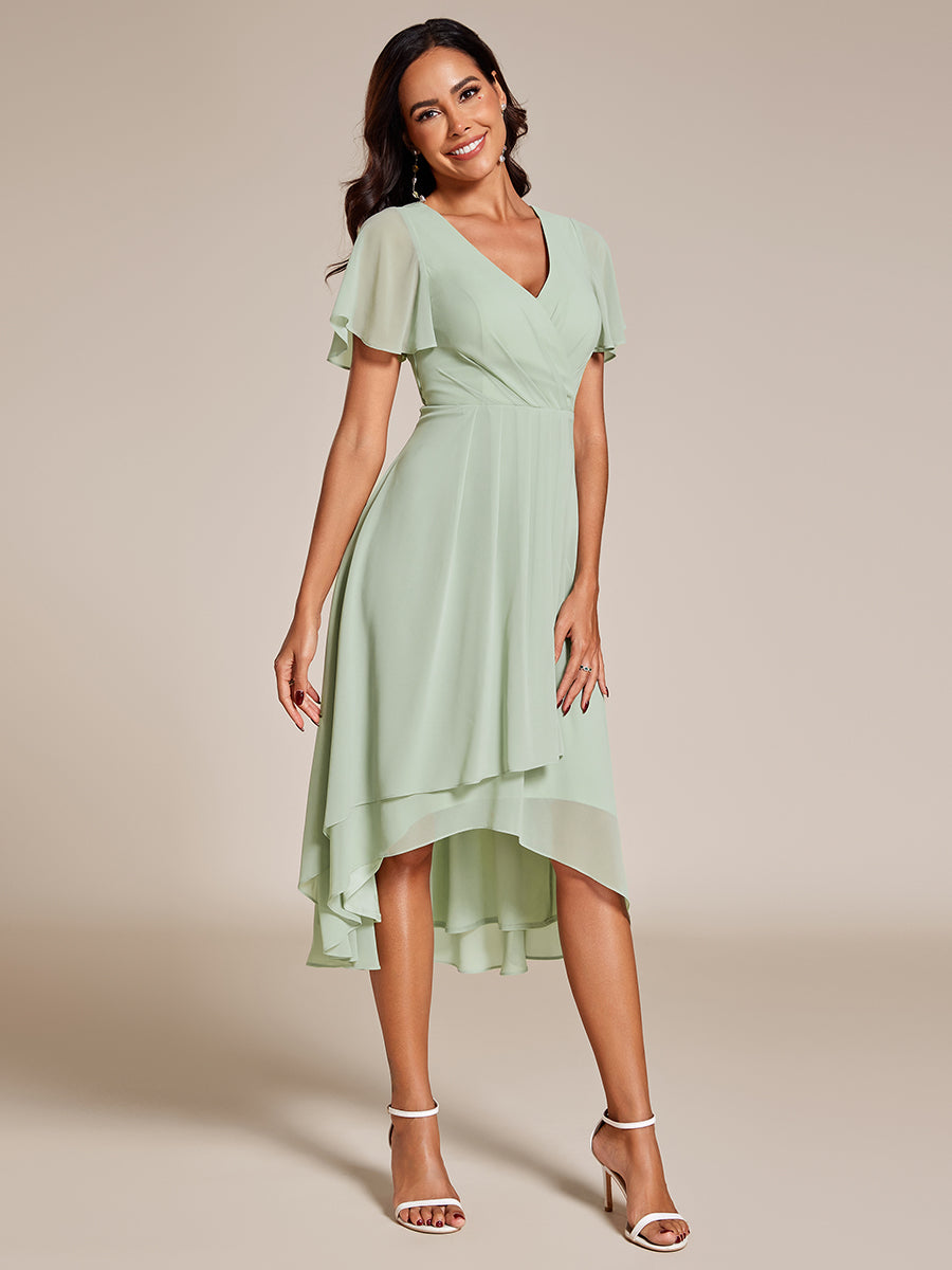 Color=Mint Green | V-Neck Midi Chiffon Wedding Guest Dresses with Ruffles Sleeve-Mint Green 5