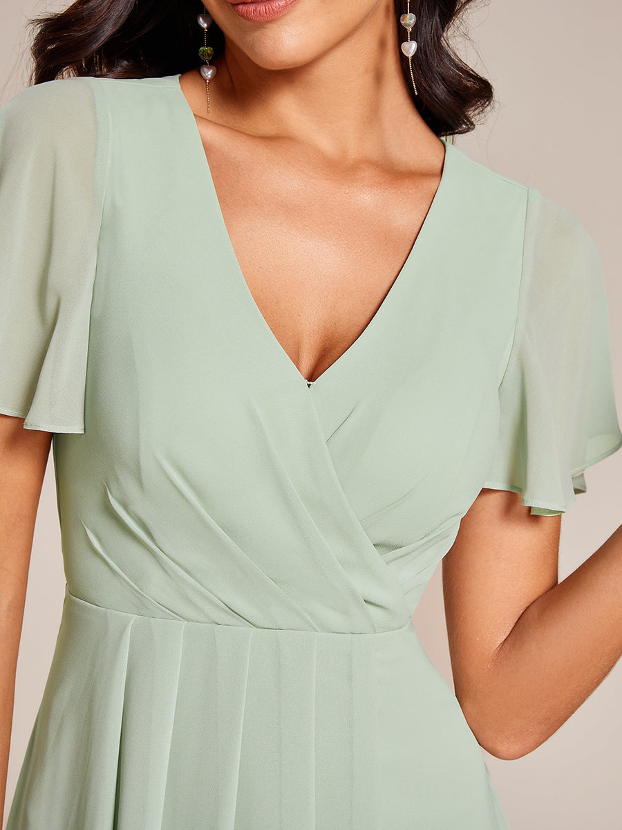 Color=Mint Green | V-Neck Midi Chiffon Wedding Guest Dresses with Ruffles Sleeve-Mint Green 4