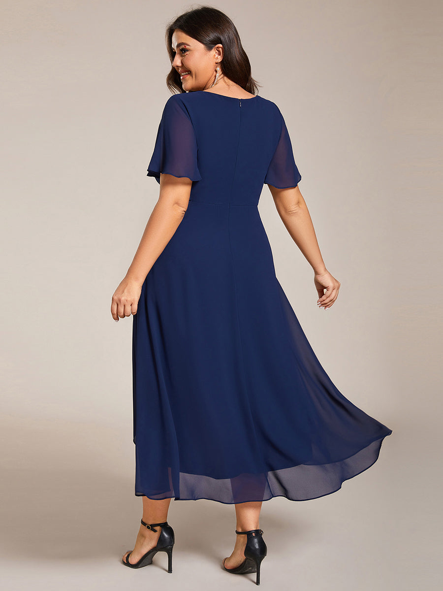 Color=Navy Blue | V-Neck Midi Chiffon Wedding Guest Dresses with Ruffles Sleeve-Navy Blue 4