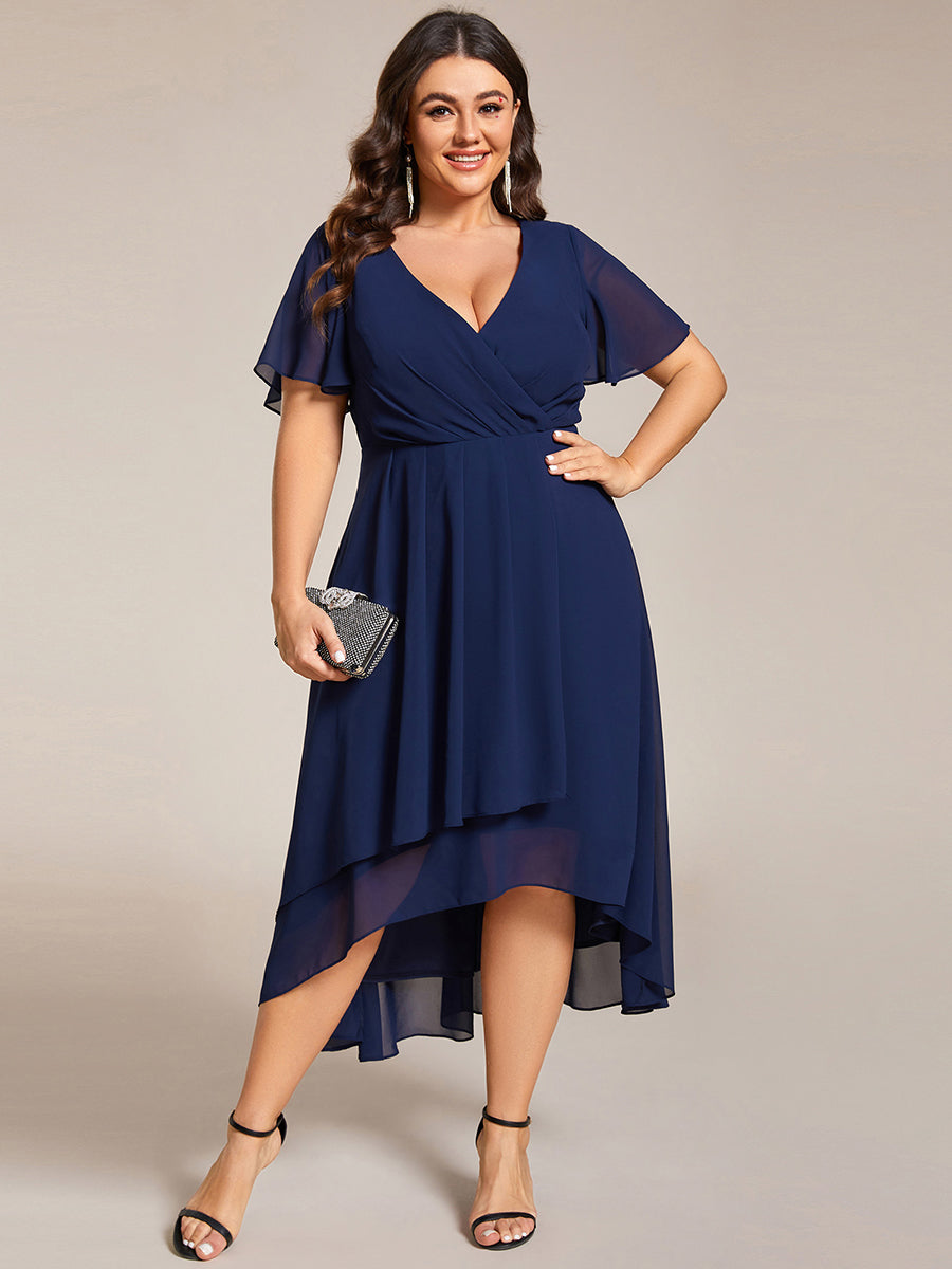 Color=Navy Blue | V-Neck Midi Chiffon Wedding Guest Dresses with Ruffles Sleeve-Navy Blue 2