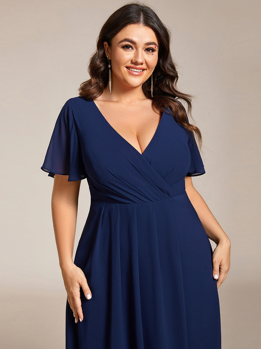 Color=Navy Blue | V-Neck Midi Chiffon Wedding Guest Dresses with Ruffles Sleeve-Navy Blue 3