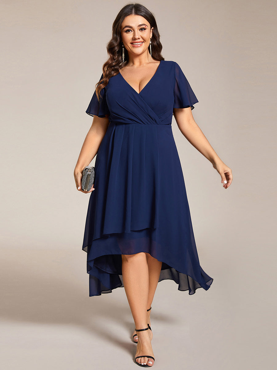 Color=Navy Blue | V-Neck Midi Chiffon Wedding Guest Dresses with Ruffles Sleeve-Navy Blue 5