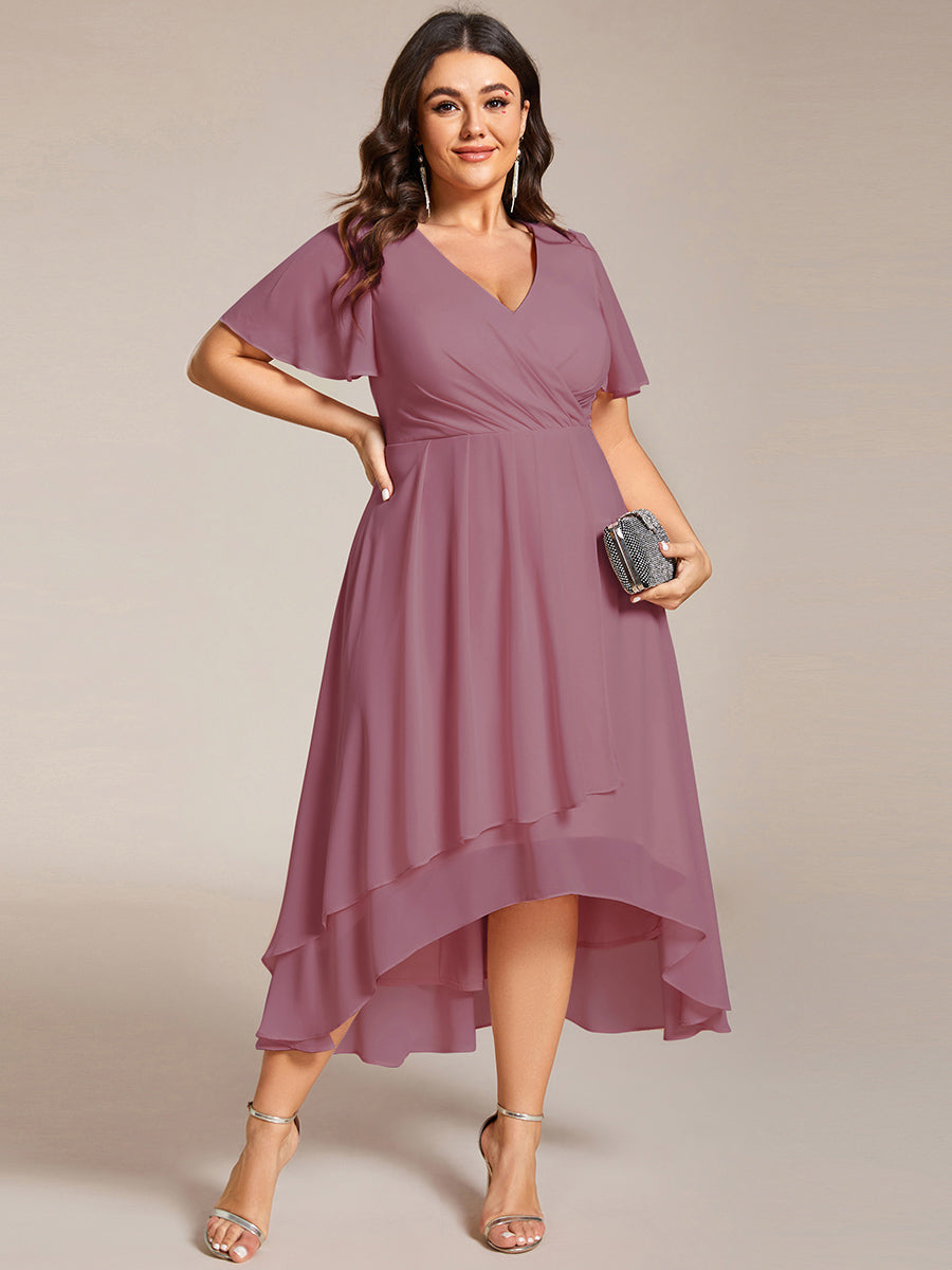 Color=Orchid | V-Neck Midi Chiffon Wedding Guest Dresses with Ruffles Sleeve-Orchid 4