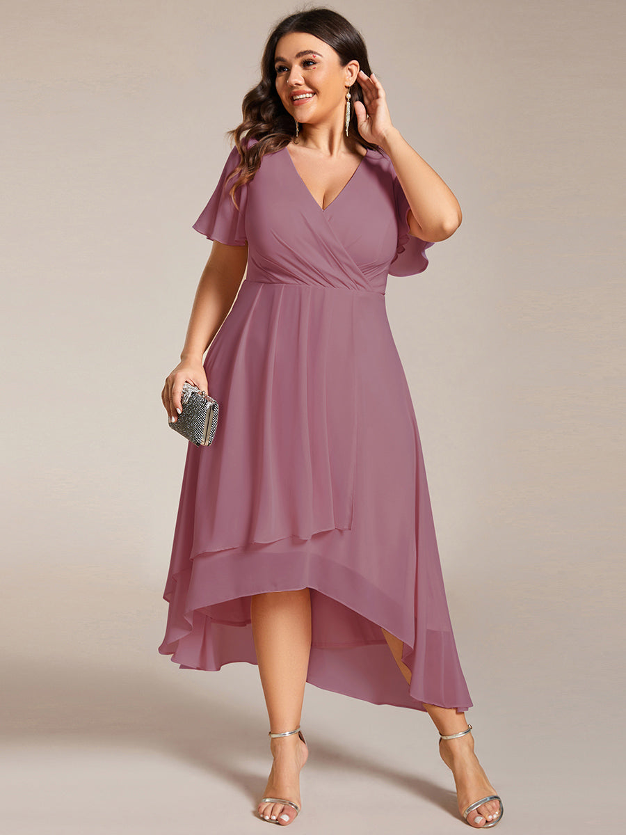Color=Orchid | V-Neck Midi Chiffon Wedding Guest Dresses with Ruffles Sleeve-Orchid 3