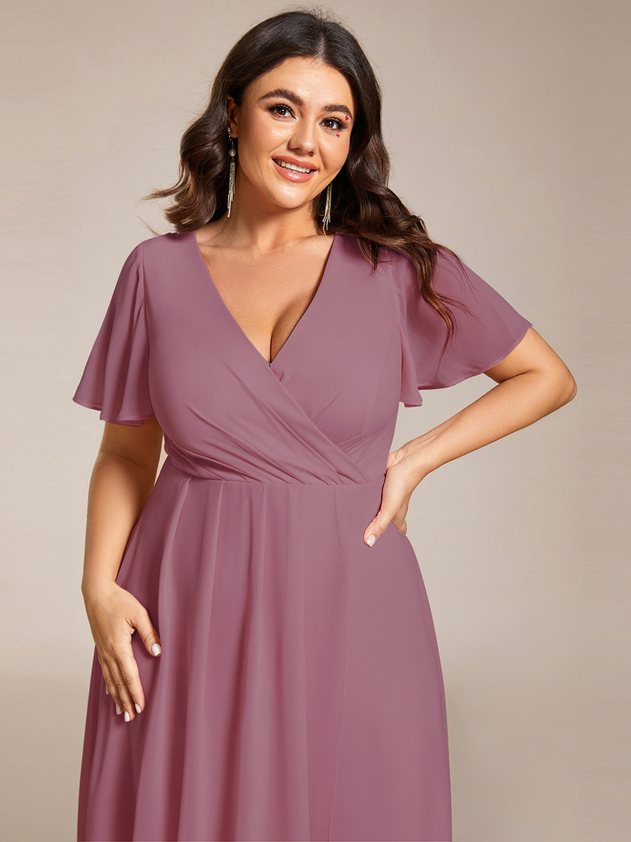 Color=Orchid | V-Neck Midi Chiffon Wedding Guest Dresses with Ruffles Sleeve-Orchid 2