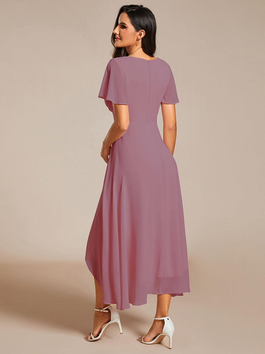 Color=Orchid | V-Neck Midi Chiffon Wedding Guest Dresses with Ruffles Sleeve-Orchid 3
