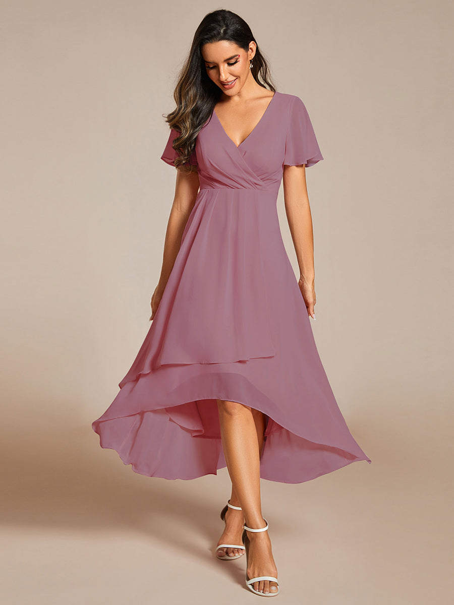 Color=Orchid | V-Neck Midi Chiffon Wedding Guest Dresses with Ruffles Sleeve-Orchid 1
