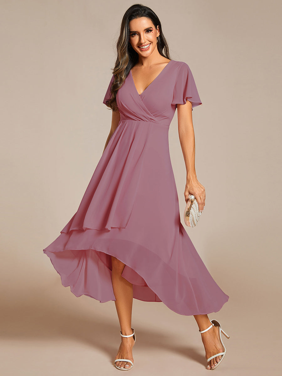 Color=Orchid | V-Neck Midi Chiffon Wedding Guest Dresses with Ruffles Sleeve-Orchid 4