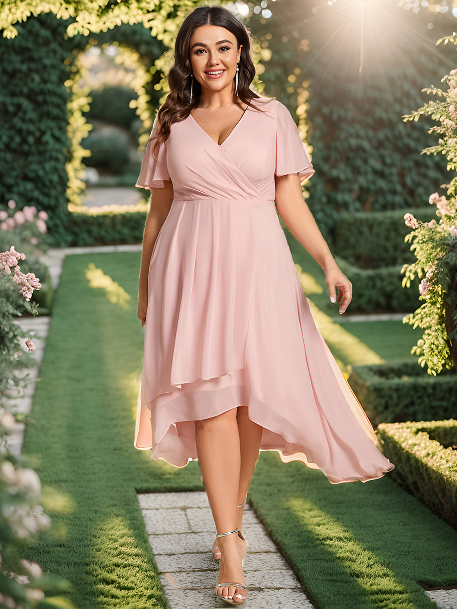 Color=Pink | V-Neck Midi Chiffon Wedding Guest Dresses with Ruffles Sleeve-Pink 1