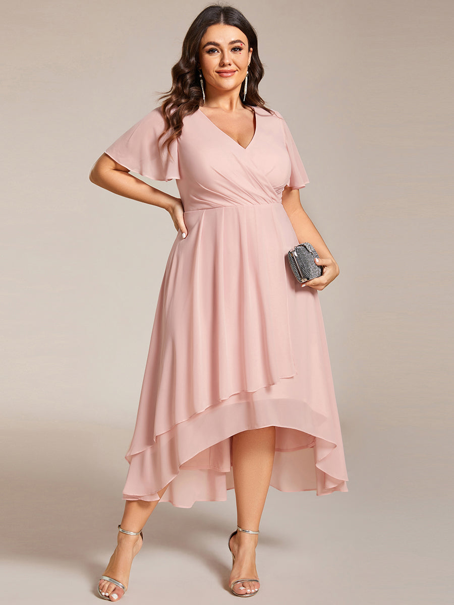 Color=Pink | V-Neck Midi Chiffon Wedding Guest Dresses with Ruffles Sleeve-Pink 2