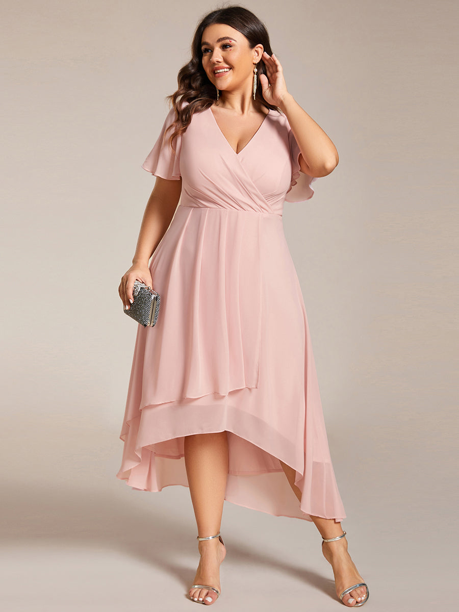 Color=Pink | V-Neck Midi Chiffon Wedding Guest Dresses with Ruffles Sleeve-Pink 5