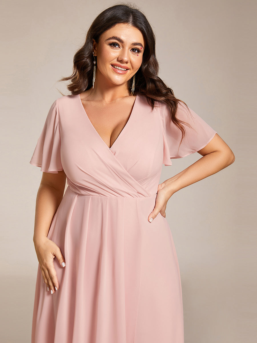 Color=Pink | V-Neck Midi Chiffon Wedding Guest Dresses with Ruffles Sleeve-Pink 4