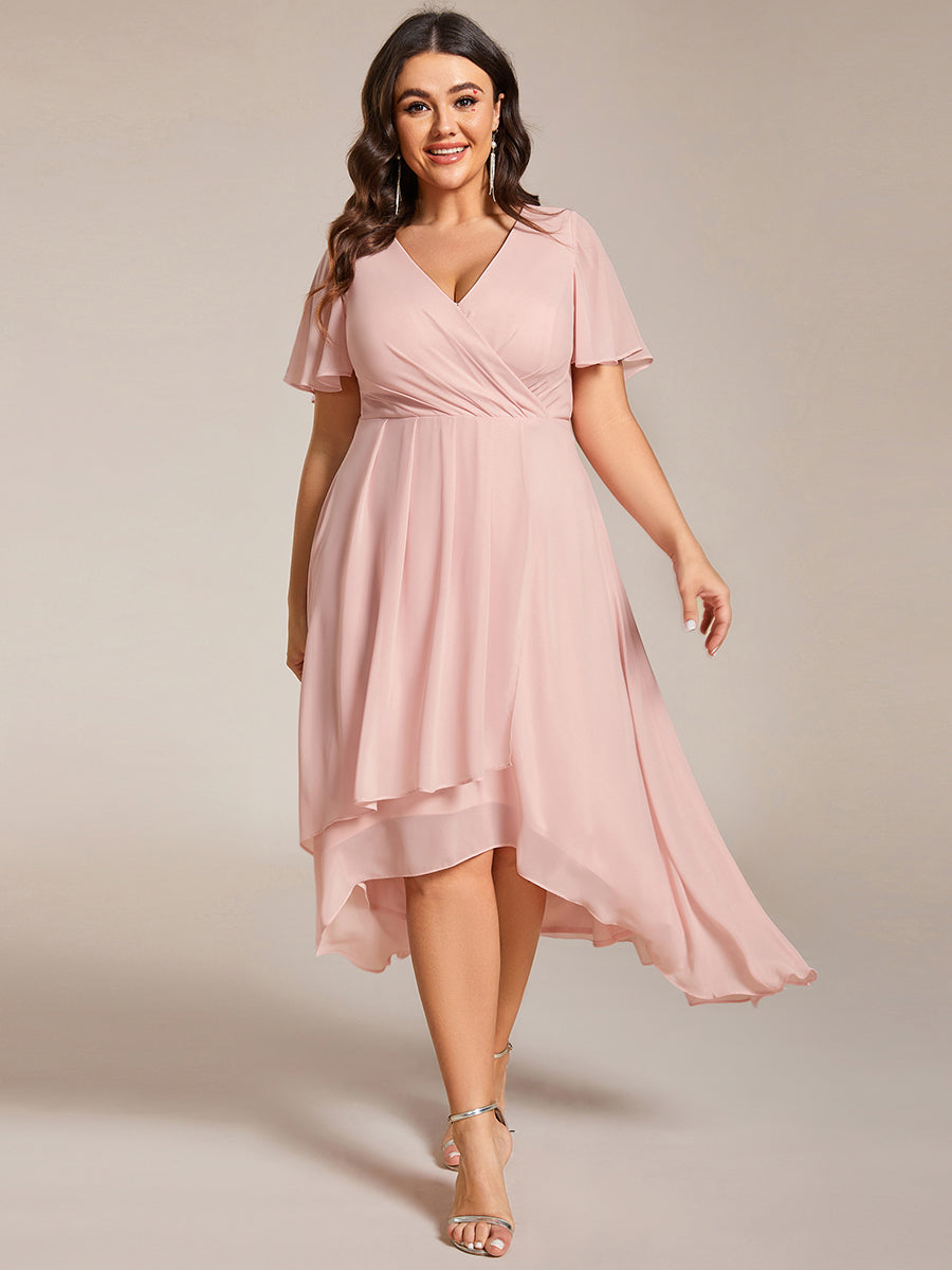 Color=Pink | V-Neck Midi Chiffon Wedding Guest Dresses with Ruffles Sleeve-Pink 3
