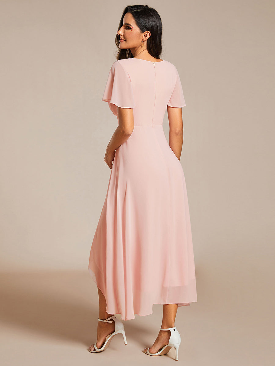 Color=Pink | V-Neck Midi Chiffon Wedding Guest Dresses with Ruffles Sleeve-Pink 5