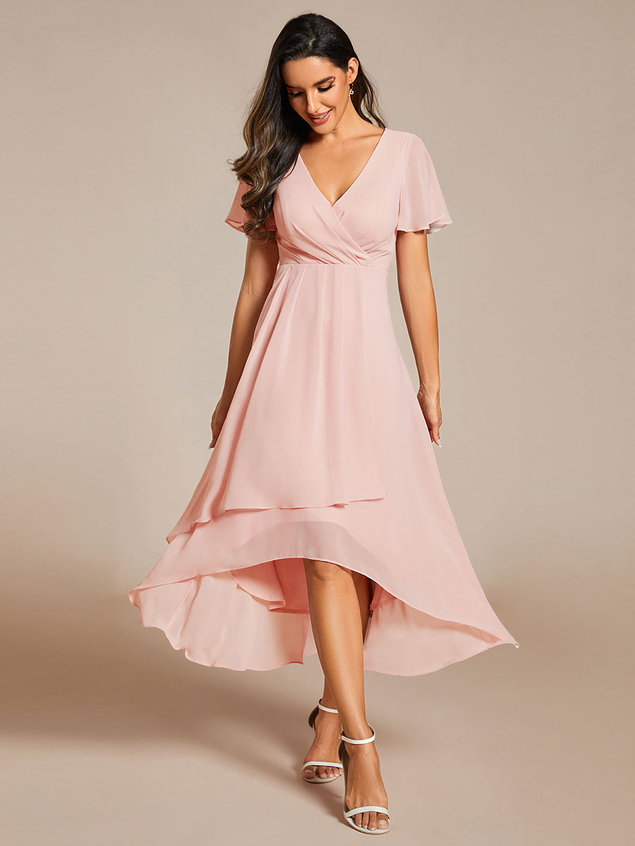 Color=Pink | V-Neck Midi Chiffon Wedding Guest Dresses with Ruffles Sleeve-Pink 3