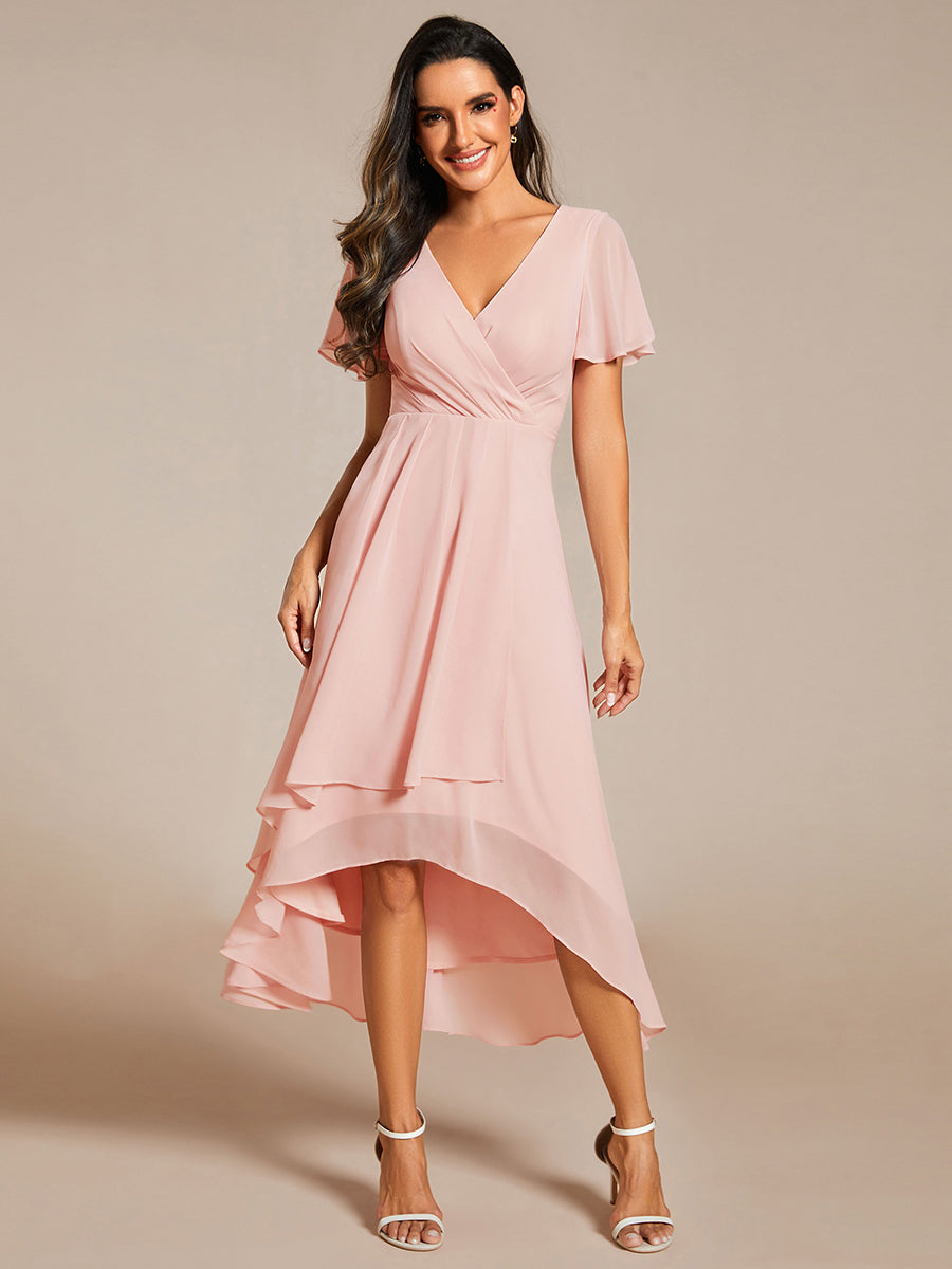 Color=Pink | V-Neck Midi Chiffon Wedding Guest Dresses with Ruffles Sleeve-Pink 1