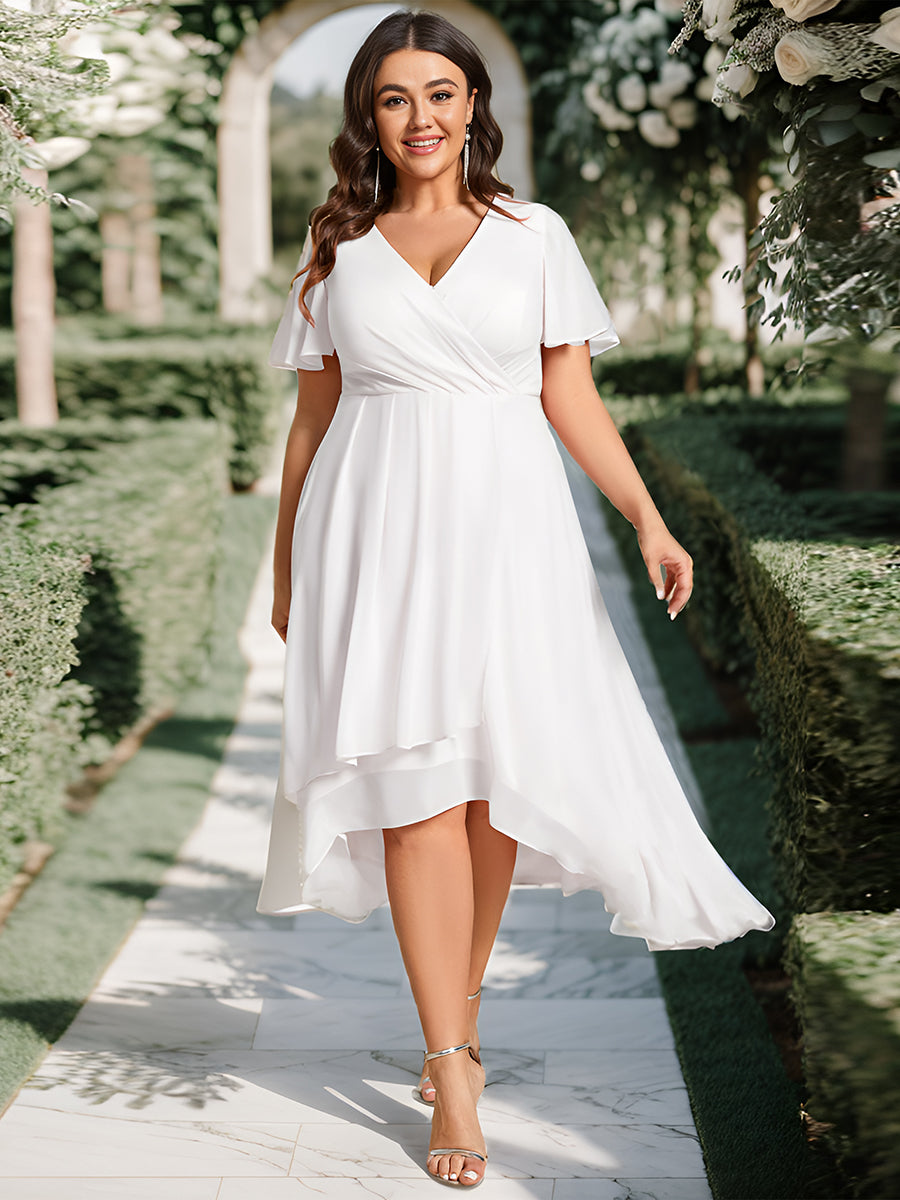 Color=White | V-Neck Midi Chiffon Wedding Guest Dresses with Ruffles Sleeve-White  1