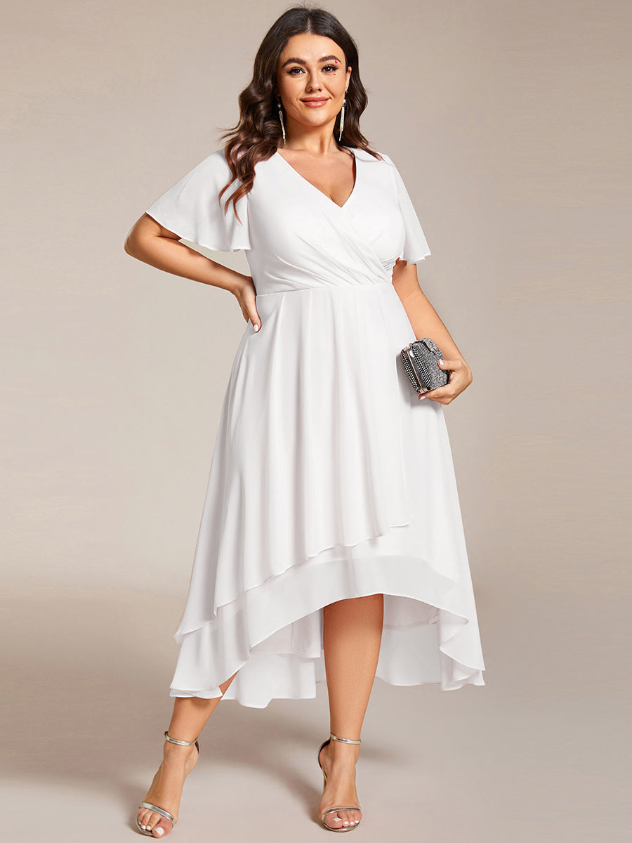 Color=White | V-Neck Midi Chiffon Wedding Guest Dresses with Ruffles Sleeve-White  2