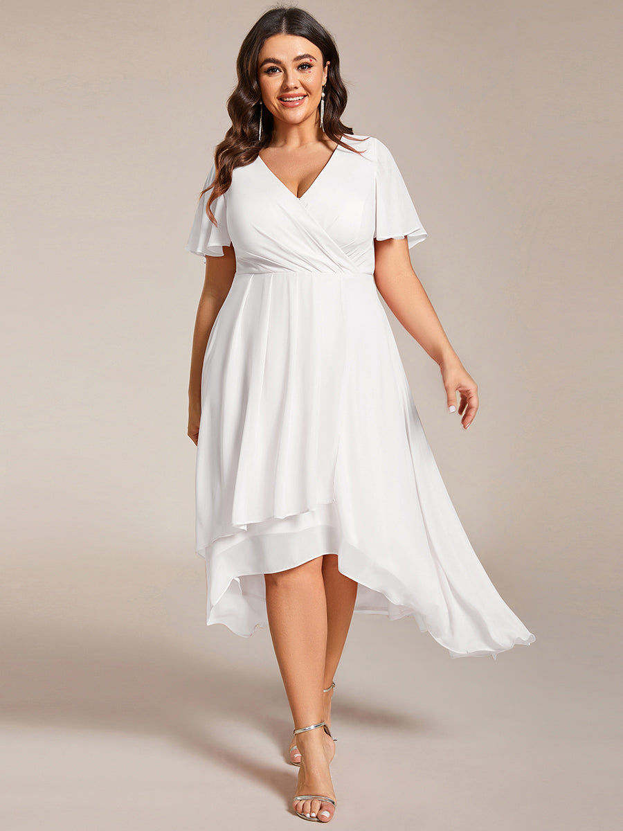 Color=White | V-Neck Midi Chiffon Wedding Guest Dresses with Ruffles Sleeve-White  4