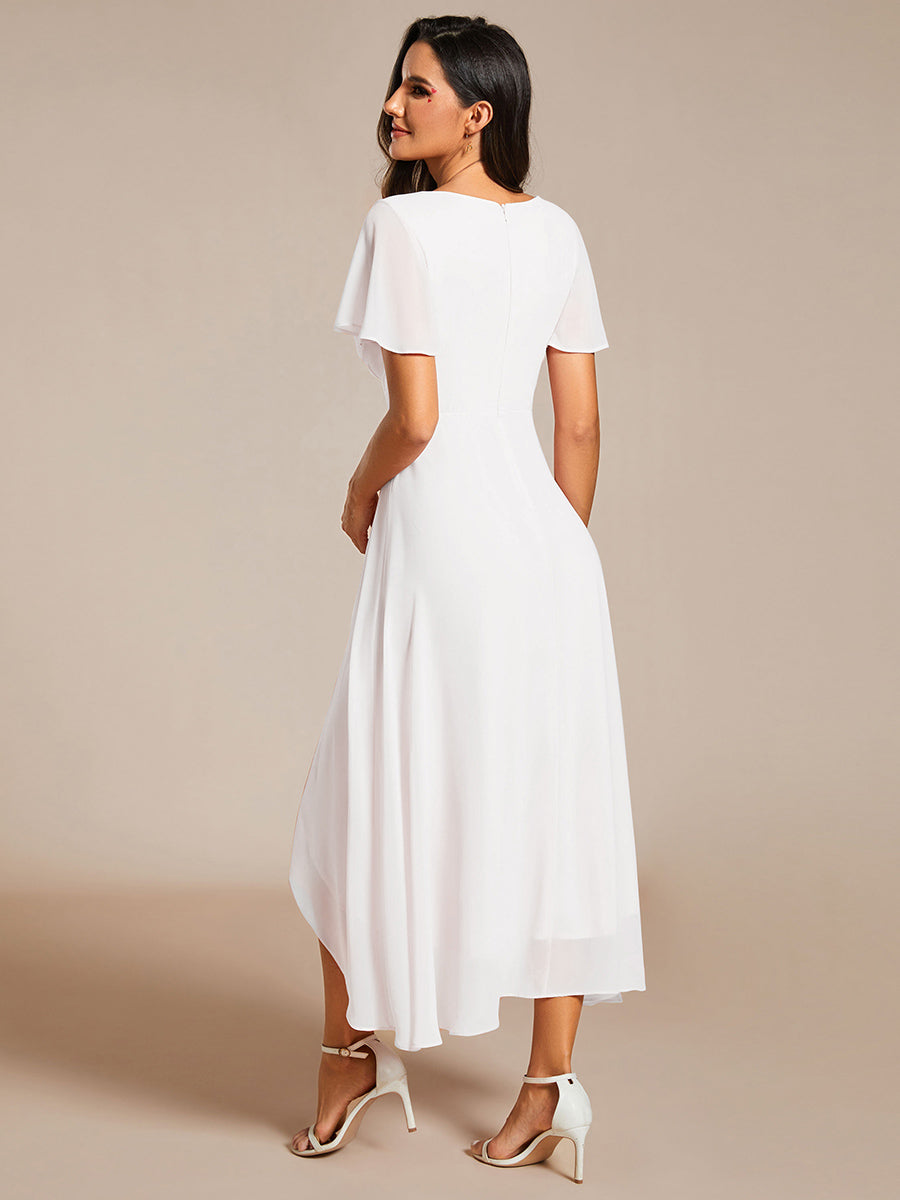 Color=White| V-Neck Midi Chiffon Wedding Guest Dresses with Ruffles Sleeve-White 2