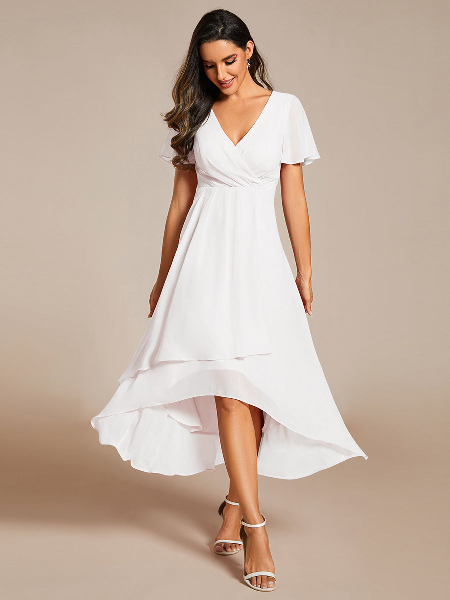 Color=White| V-Neck Midi Chiffon Wedding Guest Dresses with Ruffles Sleeve-White 3