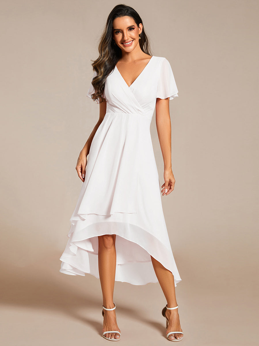 Color=White| V-Neck Midi Chiffon Wedding Guest Dresses with Ruffles Sleeve-White 4