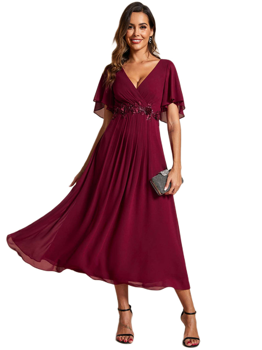 Color=Burgundy | Applique V Neck Tea Length Wedding Guest Dress With Short Sleeves-Burgundy 2