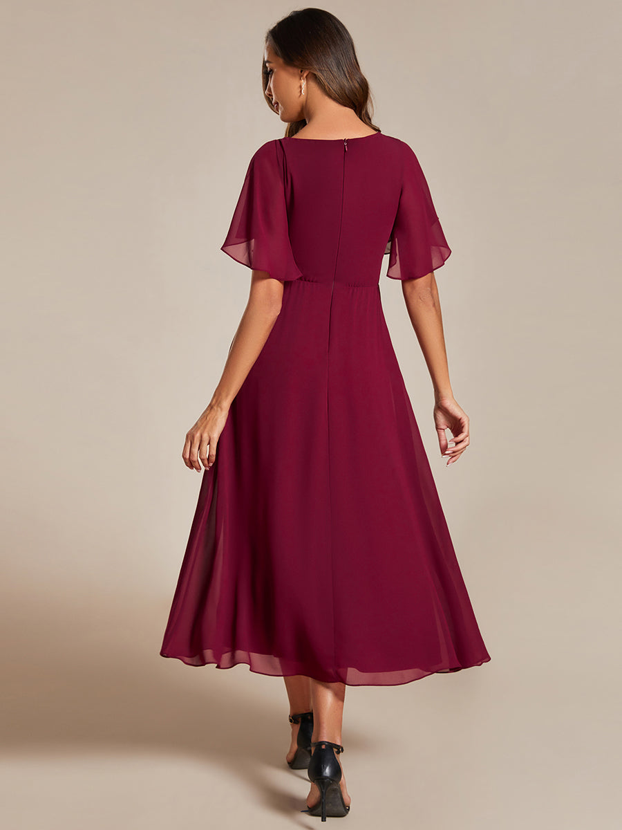 Color=Burgundy | Applique V Neck Tea Length Wedding Guest Dress With Short Sleeves-Burgundy 3
