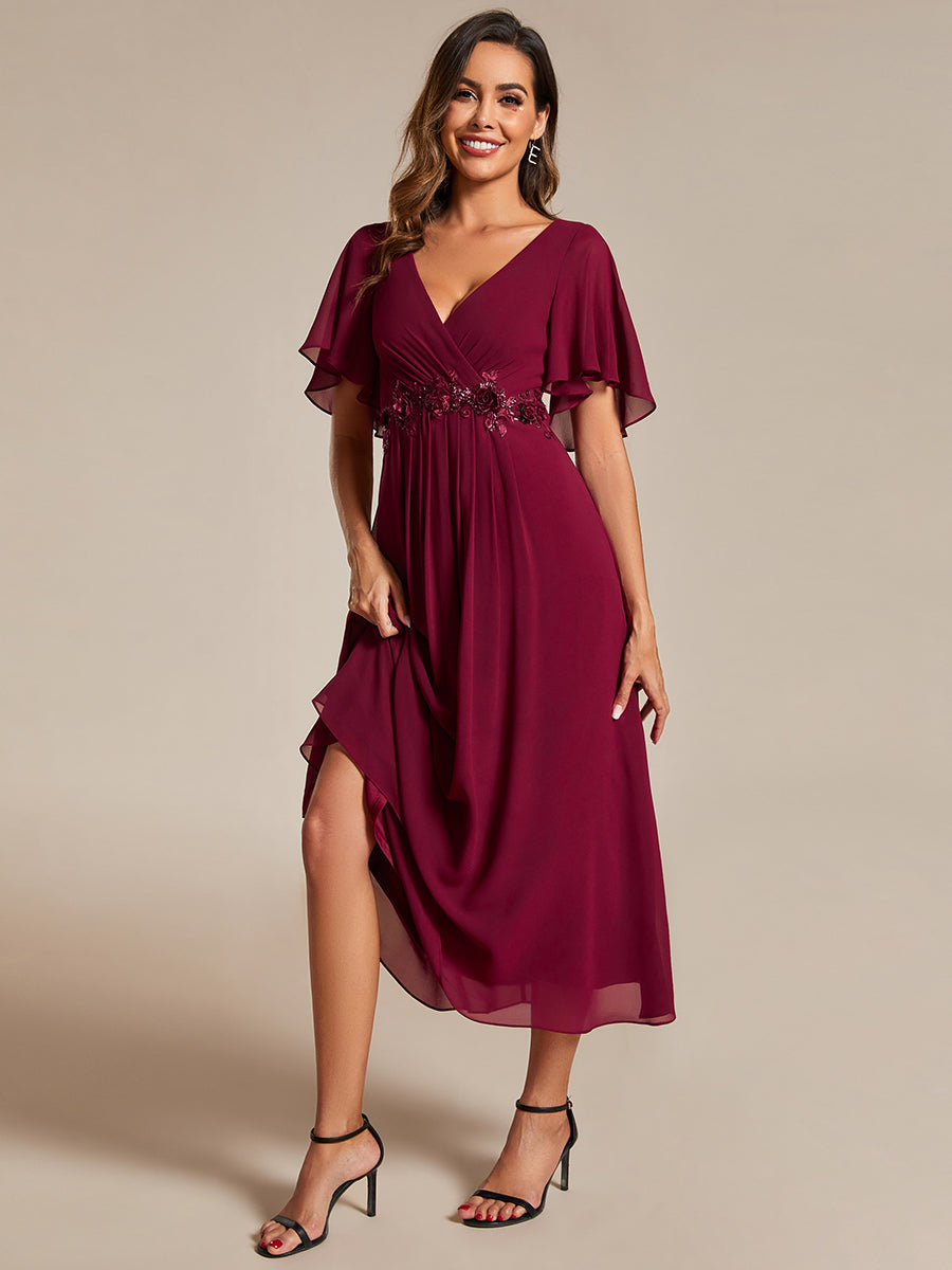 Color=Burgundy | Applique V Neck Tea Length Wedding Guest Dress With Short Sleeves-Burgundy 4