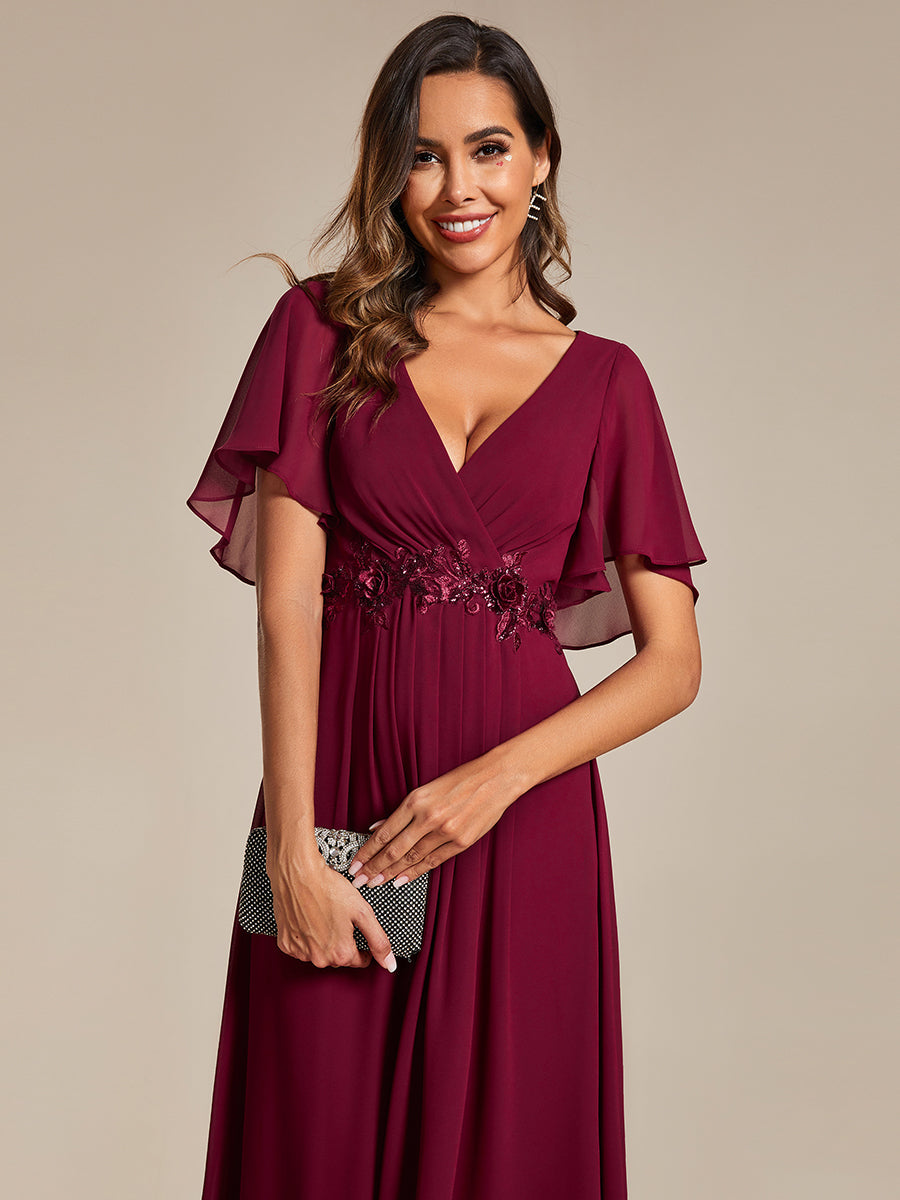 Color=Burgundy | Applique V Neck Tea Length Wedding Guest Dress With Short Sleeves-Burgundy 6