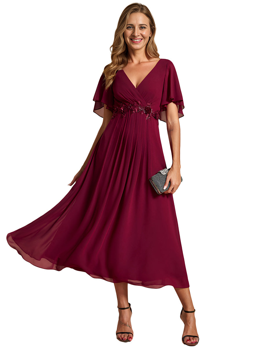 Color=Burgundy | Applique V Neck Tea Length Wedding Guest Dress With Short Sleeves-Burgundy 7
