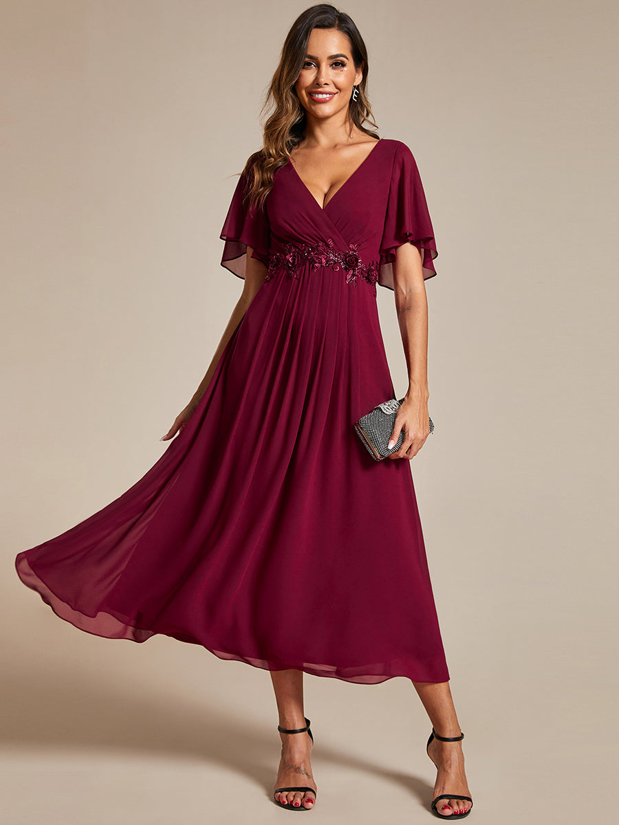 Color=Burgundy | Applique V Neck Tea Length Wedding Guest Dress With Short Sleeves-Burgundy 1