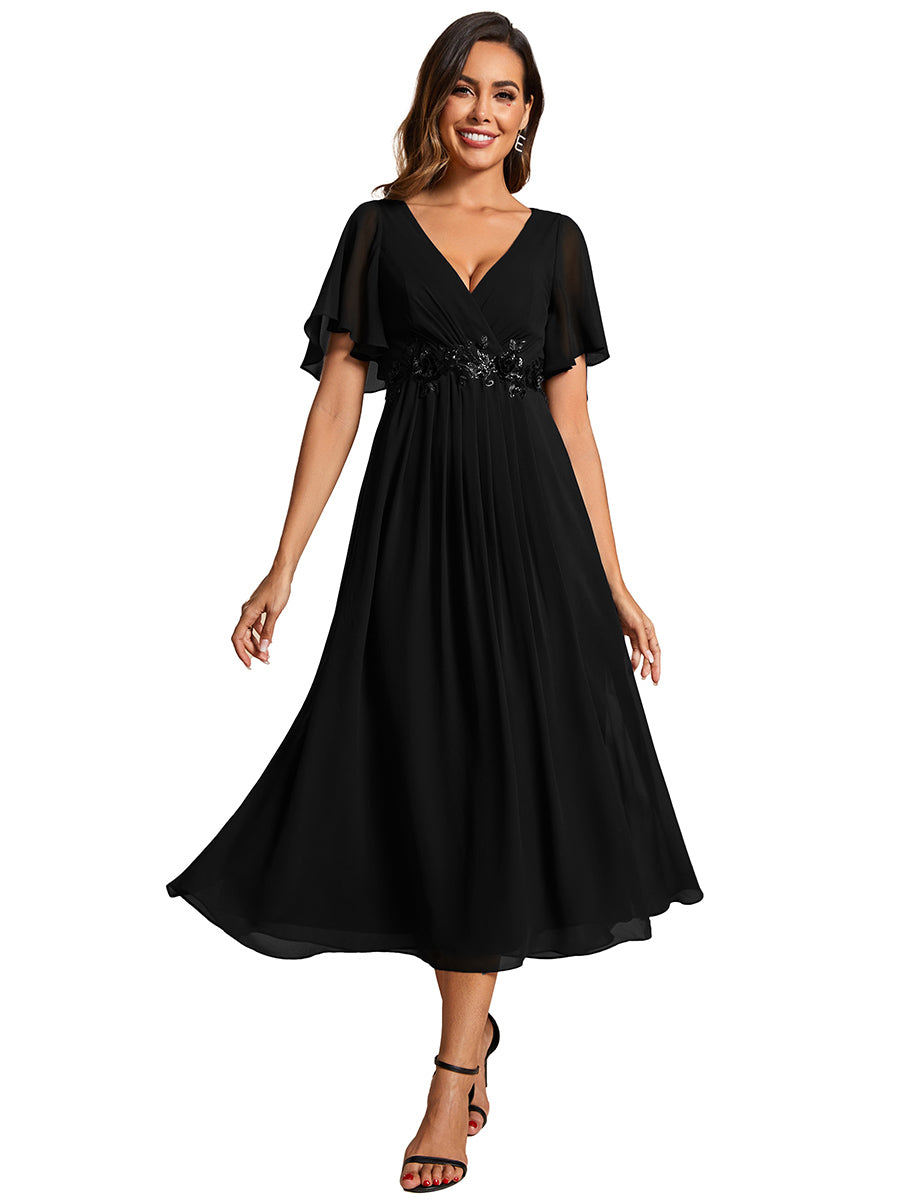 Color=Black | Applique V Neck Tea Length Wedding Guest Dress With Short Sleeves-Black 2
