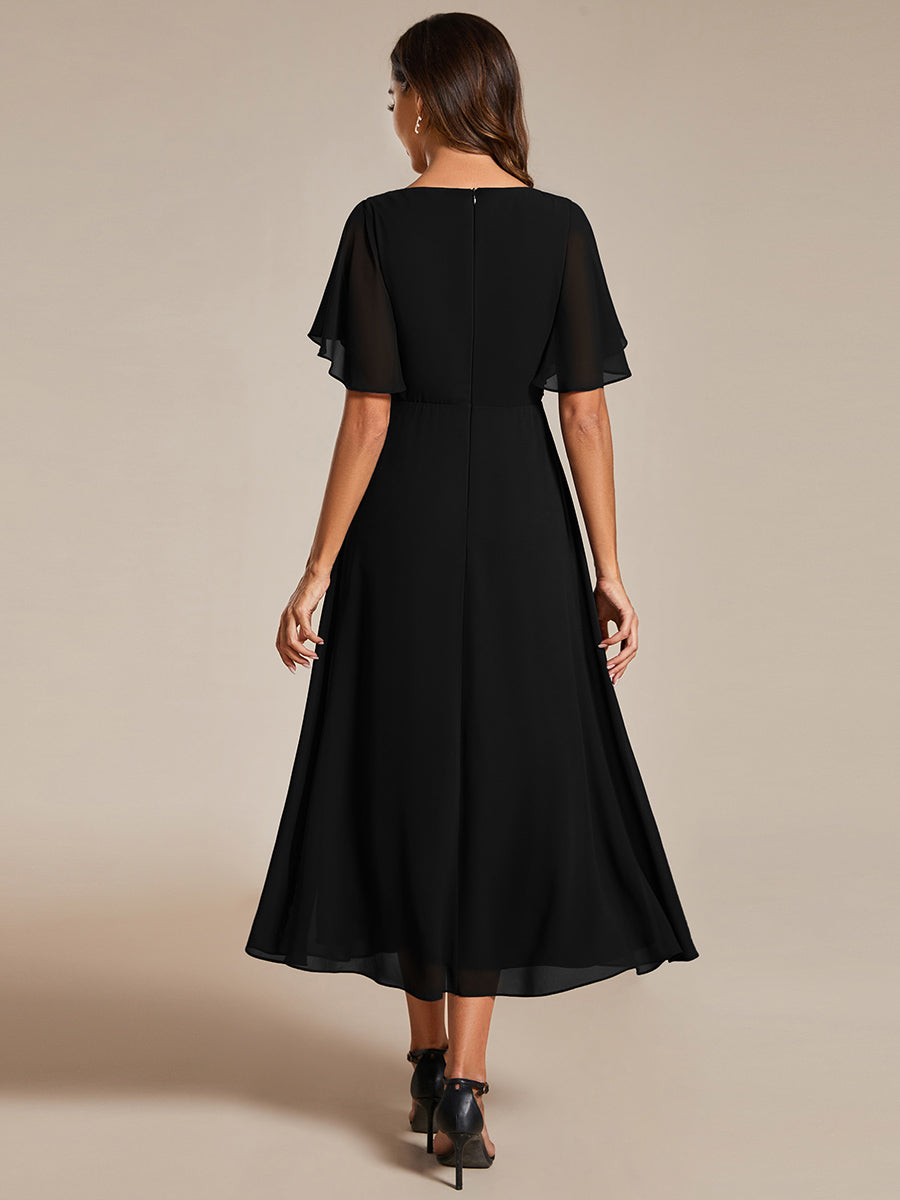 Color=Black | Applique V Neck Tea Length Wedding Guest Dress With Short Sleeves-Black 3