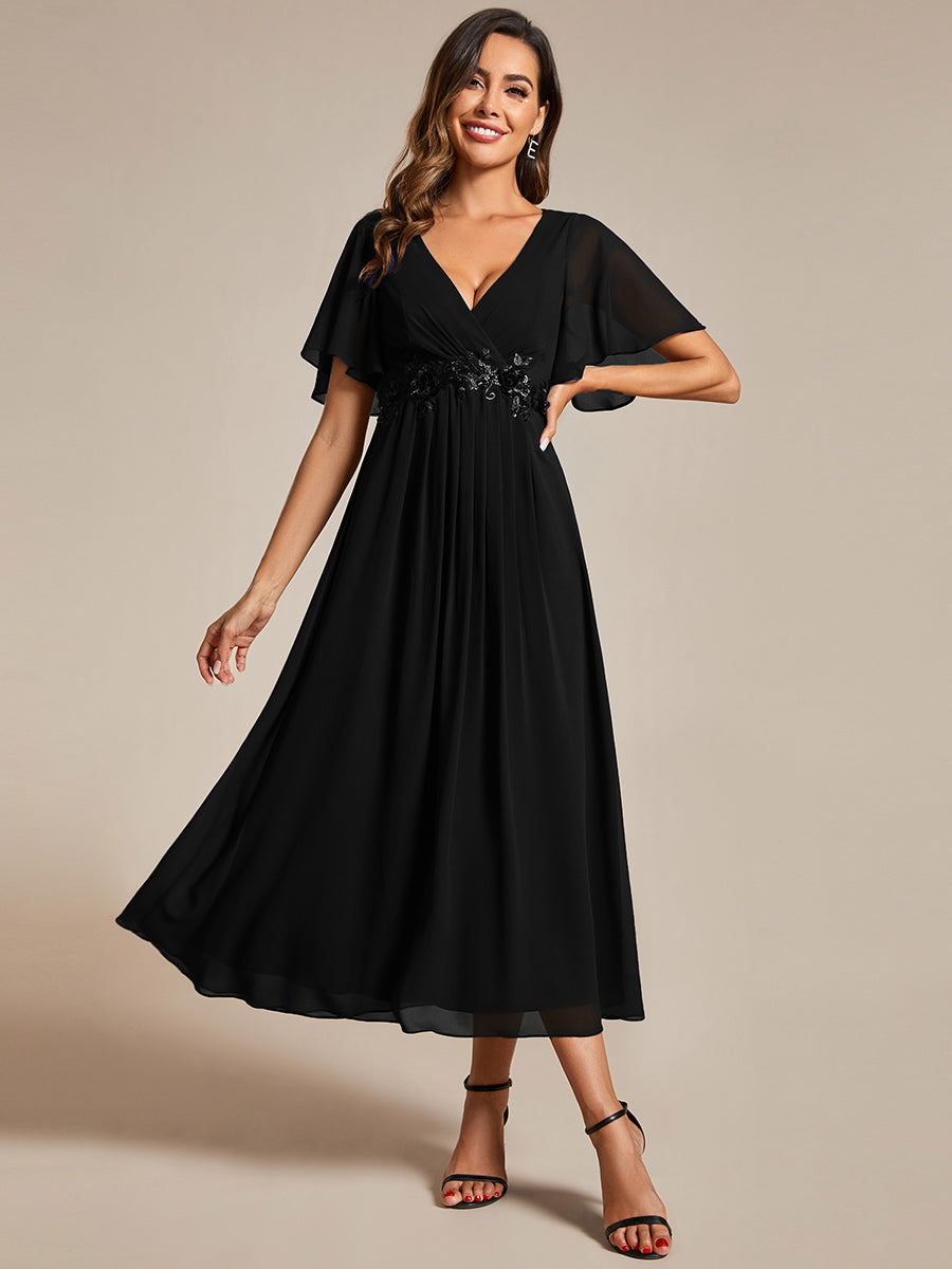 Color=Black | Applique V Neck Tea Length Wedding Guest Dress With Short Sleeves-Black 4